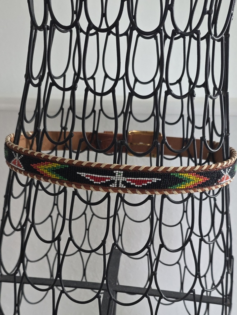 VINTAGE Wampum Hand Beaded Tooled Leather Cowhide Belt